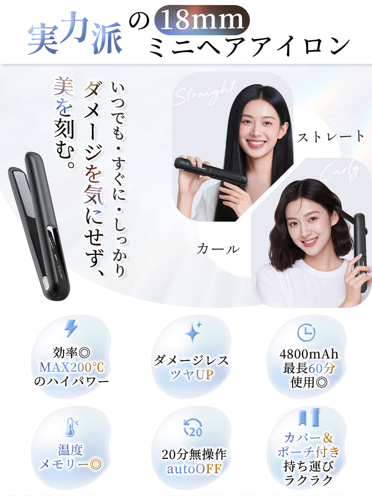 Kiboer ヘアアイロン コードレス 2WAY カール/ストレート 傷まない 高濃度マイナスイオン ミニ 小型 軽量 18mmプレートボブセミロング メンズショート 3段階温度設定可能 4800mAh大容量 充電式ヘアアイロン 急速加熱 持ち運び便利 初心者向け 男女兼用 カバー付き 収納 ポーチ付き 出張 通勤 旅行用 プレゼント