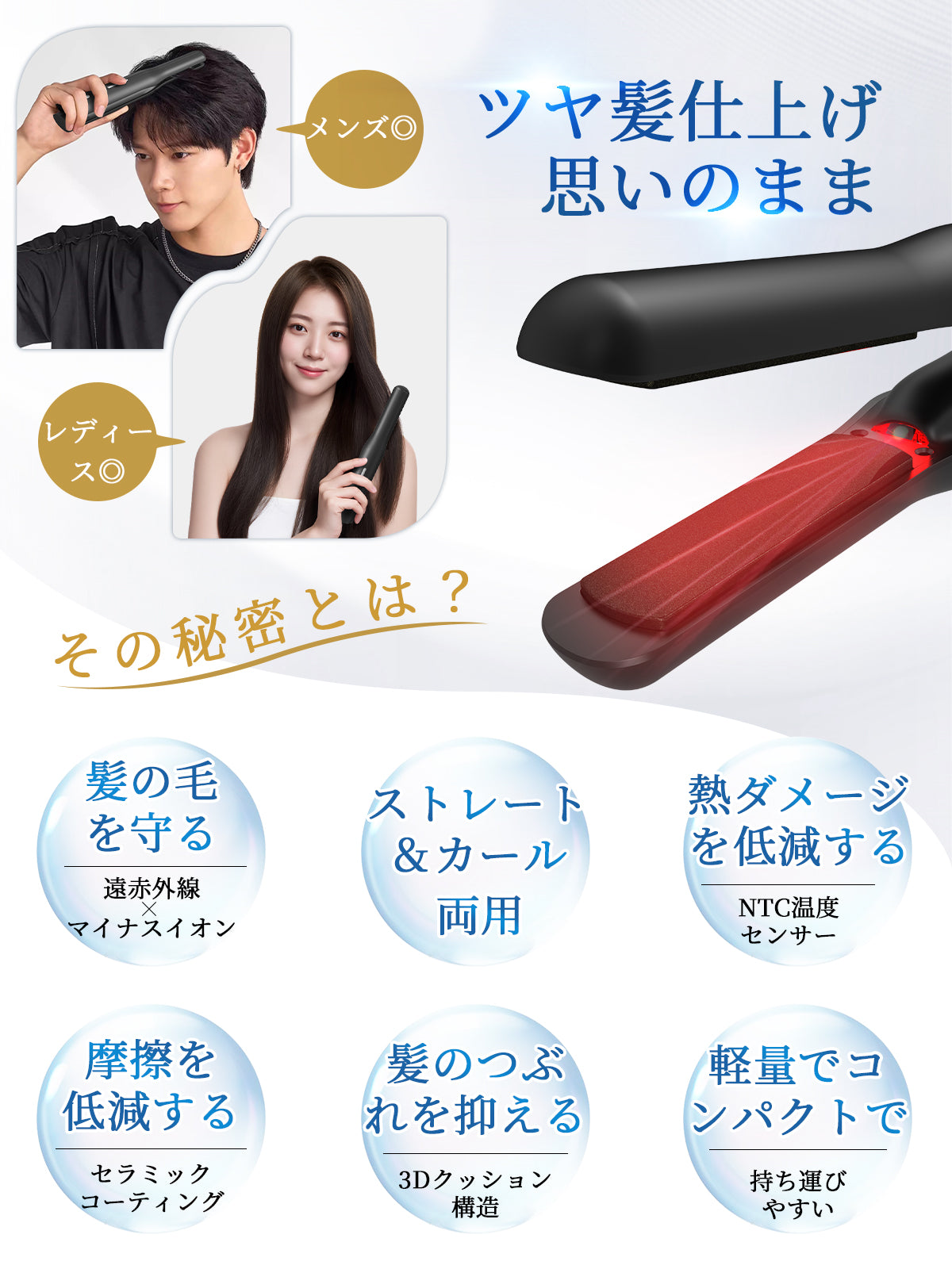 Kiboer ヘアアイロン コードレス 2WAY カール/ストレート 傷まない 高濃度マイナスイオン ミニ 小型 軽量 18mmプレートボブセミロング メンズショート 3段階温度設定可能 4800mAh大容量 充電式ヘアアイロン 急速加熱 持ち運び便利 初心者向け 男女兼用 カバー付き 収納 ポーチ付き 出張 通勤 旅行用 プレゼント (ブラック)