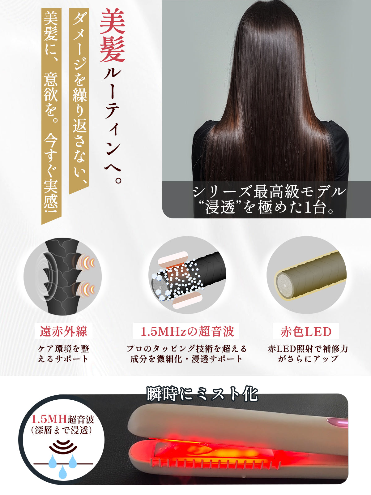 Kiboer 超音波トリートメントアイロン 髪質改善 1.5MHz 超音波 赤色LED 浸透サポートコーム一体型 IPX7防水 手首ストラップ トリートメント導入器 ヘアケア用 コードレス 自動オフ 縮毛矯正 プロ仕様 母の日 プレゼント