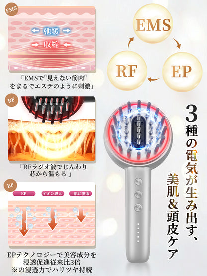Kiboer 電気ブラシ 電動 頭皮ブラシ 美顔器 頭皮 フェイス ボディ ems RF EP 3D振動 LED光エステ 液体ボックス付き 乾湿両用 男女兼用 敬老の日 父の日 プレゼント シルバー