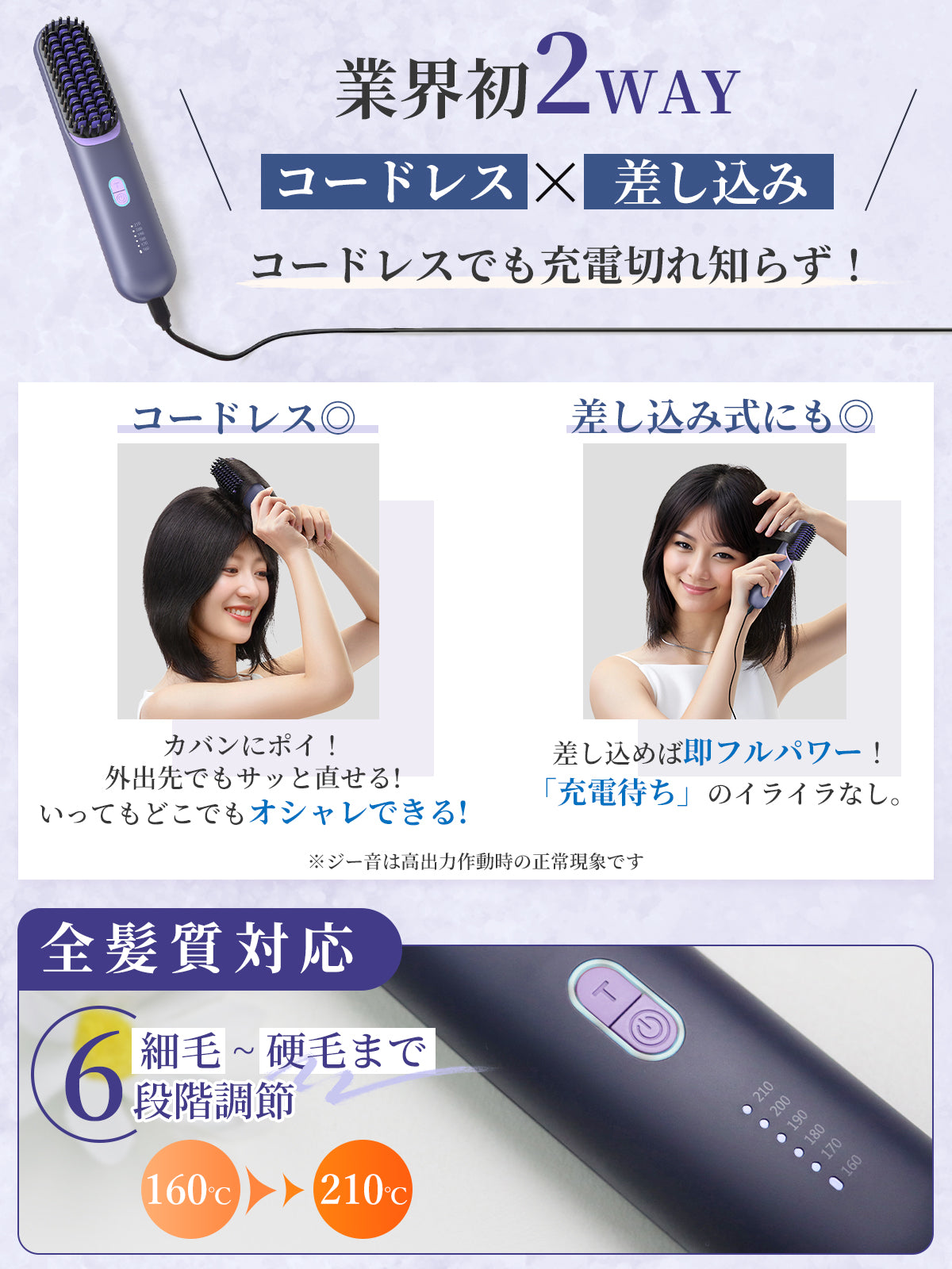 Kiboer ヒートブラシ アイロン コードレス 充電/差し込み両対応 独自開発 2億級プラズマイオン ヘアアイロン ストレート カール 6400mAh大容量バッテリー 傷まない セラミックコーティング 温度メモリー機能 急速加熱 6段階温度調 細毛 硬毛 ツヤ感UP やけど防止 海外対応 プレゼント