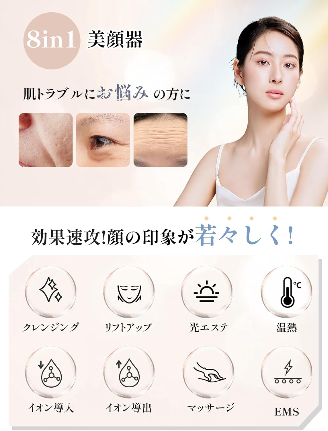 Kiboer 美顔器 1台8役 EMS 美顔ローラー かっさ 電動 温感 イオン導入 導出 光エステ 振動エステ 美容家電 三のモード グッズ 男女兼用 誕生日 母の日 プレゼント ホワイト