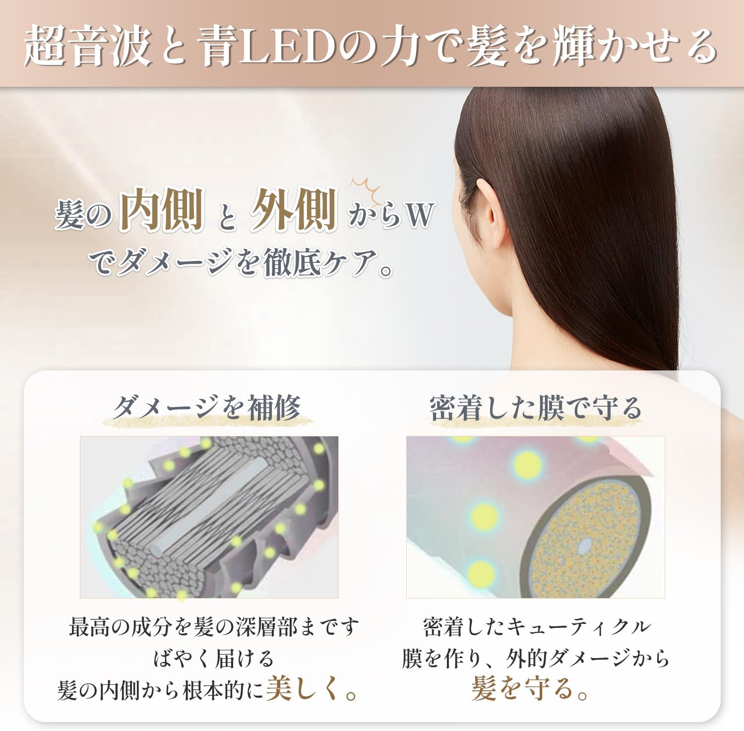 Kiboer 超音波 トリートメントアイロン 髪質改善 浸透促進 ヘアダメージ補修 充電スタンド ヘアケア 1MHz 超音波 青色LED 浸透率アップ トリートメント導入器 プロ仕様 縮毛矯正 コードレス プレゼント シャンパンゴールド