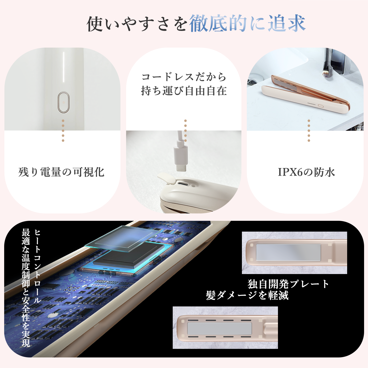 Kiboer 超音波トリートメント ヘアアイロン 美髪ケア 髪質改善 超音波アイロン ディープトリートメント トリートメント導入器 ツヤ髪 1MHz超音波 遠赤外線 赤色 温熱ヒーターLED ヘアケア ヘアダメージ補修 電池残量可視 IPX6防水 ヘアケアプロ プロ仕様 縮毛矯正 コードレス 母の日 プレゼント ホワイト